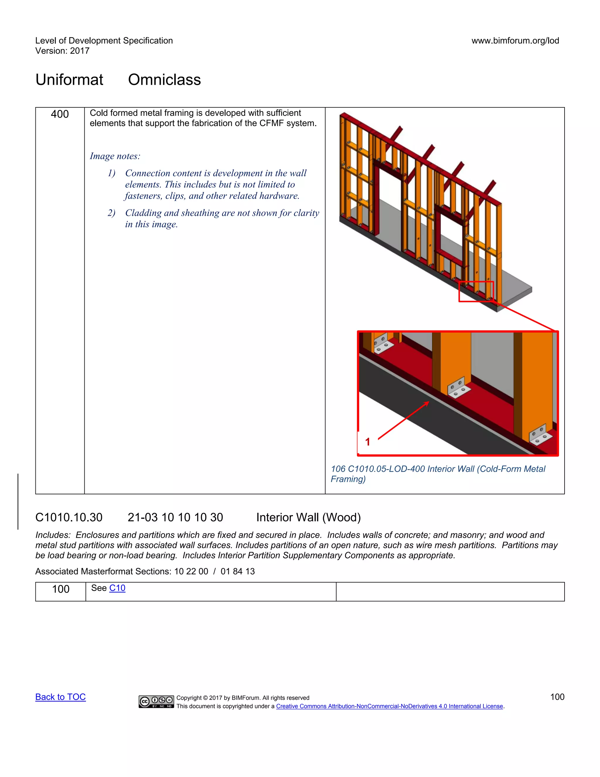 Level of Development Specification
Version: 2017
www.bimforum.org/lod
Uniformat Omniclass
Back to TOC Copyright © 2017 by BIMForum. All rights reserved 100
This document is copyrighted under a Creative Commons Attribution-NonCommercial-NoDerivatives 4.0 International License.
400 Cold formed metal framing is developed with sufficient
elements that support the fabrication of the CFMF system.
Image notes:
1) Connection content is development in the wall
elements. This includes but is not limited to
fasteners, clips, and other related hardware.
2) Cladding and sheathing are not shown for clarity
in this image.
106 C1010.05-LOD-400 Interior Wall (Cold-Form Metal
Framing)
C1010.10.30 21-03 10 10 10 30 Interior Wall (Wood)
Includes: Enclosures and partitions which are fixed and secured in place. Includes walls of concrete; and masonry; and wood and
metal stud partitions with associated wall surfaces. Includes partitions of an open nature, such as wire mesh partitions. Partitions may
be load bearing or non-load bearing. Includes Interior Partition Supplementary Components as appropriate.
Associated Masterformat Sections: 10 22 00 / 01 84 13
100 See C10
1
 