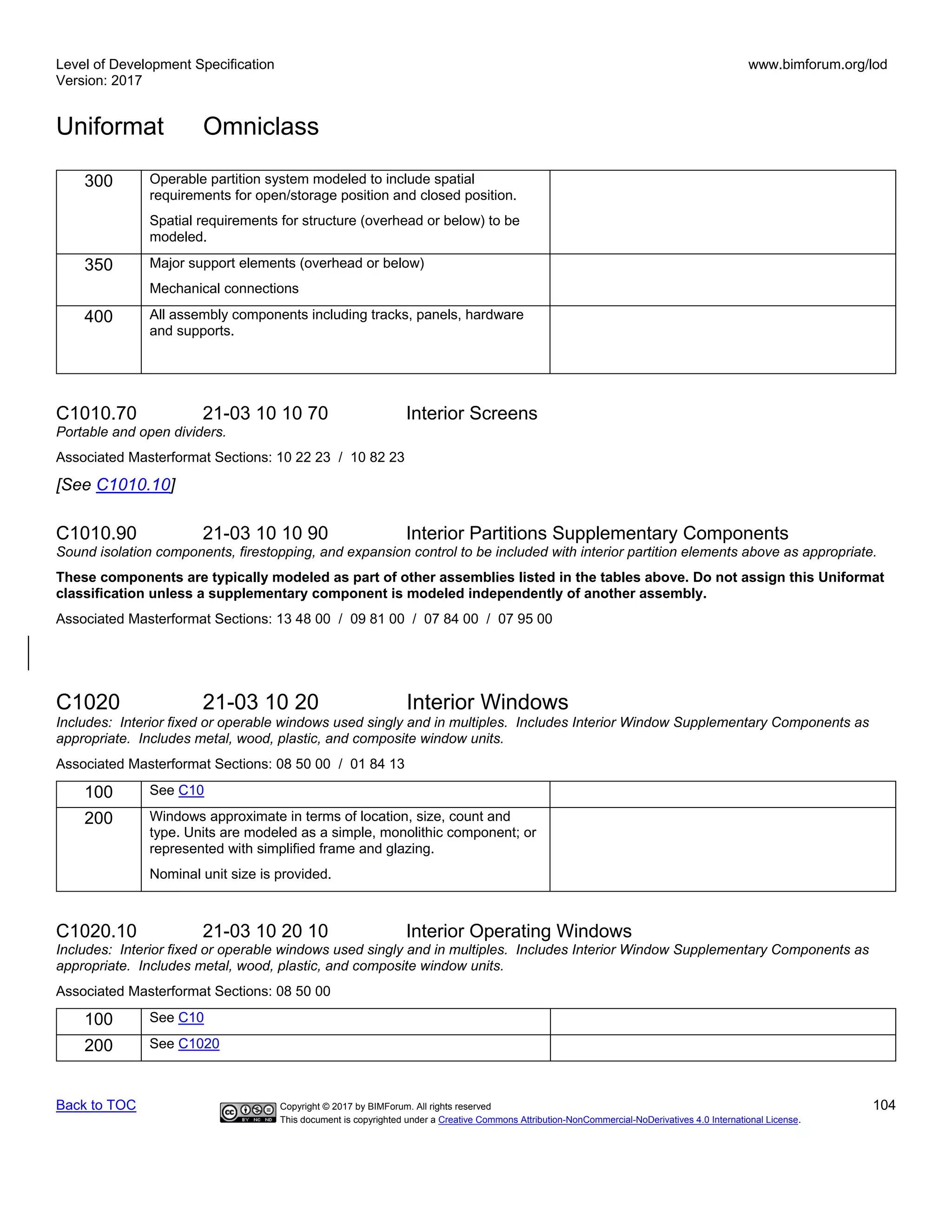 Level of Development Specification
Version: 2017
www.bimforum.org/lod
Uniformat Omniclass
Back to TOC Copyright © 2017 by BIMForum. All rights reserved 104
This document is copyrighted under a Creative Commons Attribution-NonCommercial-NoDerivatives 4.0 International License.
300 Operable partition system modeled to include spatial
requirements for open/storage position and closed position.
Spatial requirements for structure (overhead or below) to be
modeled.
350 Major support elements (overhead or below)
Mechanical connections
400 All assembly components including tracks, panels, hardware
and supports.
C1010.70 21-03 10 10 70 Interior Screens
Portable and open dividers.
Associated Masterformat Sections: 10 22 23 / 10 82 23
[See C1010.10]
C1010.90 21-03 10 10 90 Interior Partitions Supplementary Components
Sound isolation components, firestopping, and expansion control to be included with interior partition elements above as appropriate.
These components are typically modeled as part of other assemblies listed in the tables above. Do not assign this Uniformat
classification unless a supplementary component is modeled independently of another assembly.
Associated Masterformat Sections: 13 48 00 / 09 81 00 / 07 84 00 / 07 95 00
C1020 21-03 10 20 Interior Windows
Includes: Interior fixed or operable windows used singly and in multiples. Includes Interior Window Supplementary Components as
appropriate. Includes metal, wood, plastic, and composite window units.
Associated Masterformat Sections: 08 50 00 / 01 84 13
100 See C10
200 Windows approximate in terms of location, size, count and
type. Units are modeled as a simple, monolithic component; or
represented with simplified frame and glazing.
Nominal unit size is provided.
C1020.10 21-03 10 20 10 Interior Operating Windows
Includes: Interior fixed or operable windows used singly and in multiples. Includes Interior Window Supplementary Components as
appropriate. Includes metal, wood, plastic, and composite window units.
Associated Masterformat Sections: 08 50 00
100 See C10
200 See C1020
 
