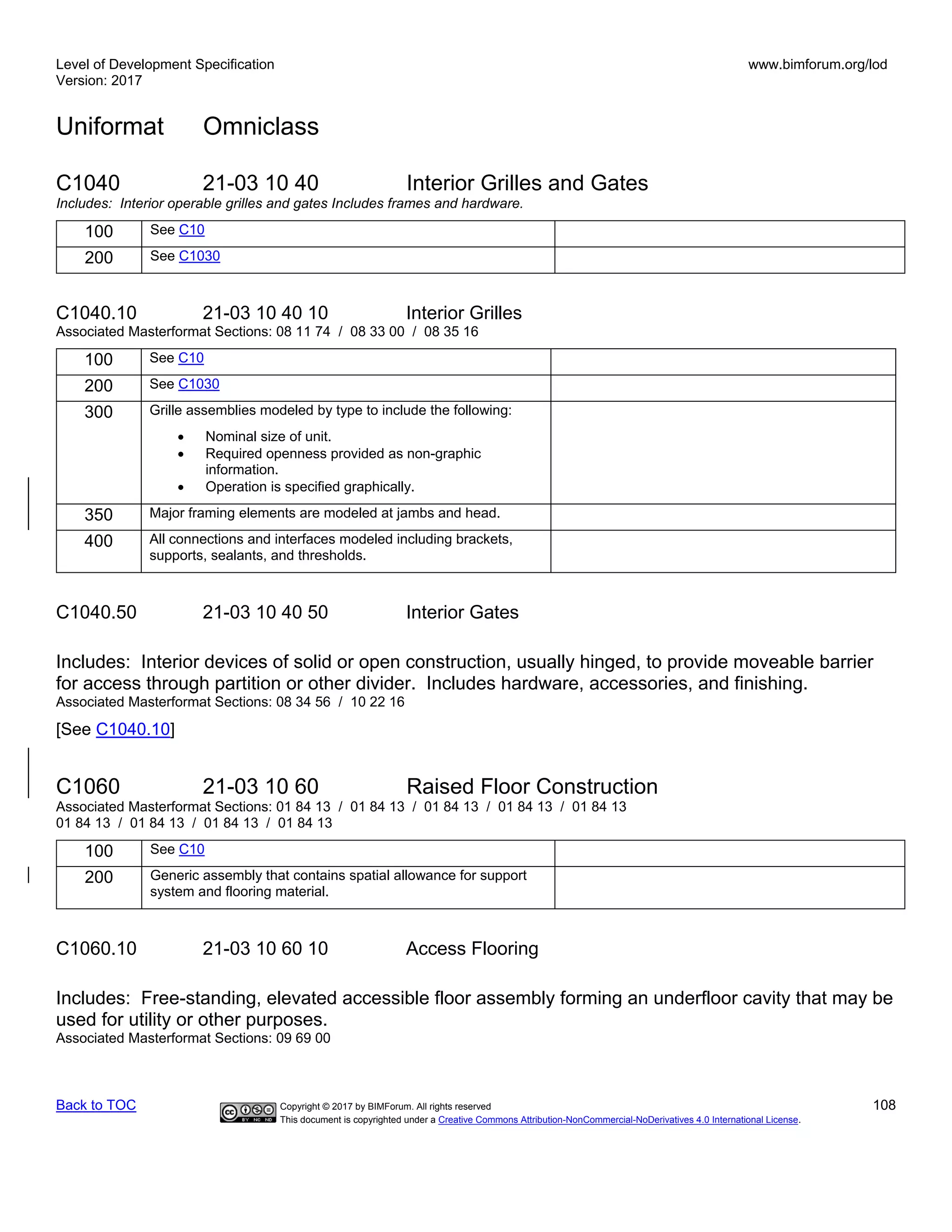 Level of Development Specification
Version: 2017
www.bimforum.org/lod
Uniformat Omniclass
Back to TOC Copyright © 2017 by BIMForum. All rights reserved 108
This document is copyrighted under a Creative Commons Attribution-NonCommercial-NoDerivatives 4.0 International License.
C1040 21-03 10 40 Interior Grilles and Gates
Includes: Interior operable grilles and gates Includes frames and hardware.
100 See C10
200 See C1030
C1040.10 21-03 10 40 10 Interior Grilles
Associated Masterformat Sections: 08 11 74 / 08 33 00 / 08 35 16
100 See C10
200 See C1030
300 Grille assemblies modeled by type to include the following:
• Nominal size of unit.
• Required openness provided as non-graphic
information.
• Operation is specified graphically.
350 Major framing elements are modeled at jambs and head.
400 All connections and interfaces modeled including brackets,
supports, sealants, and thresholds.
C1040.50 21-03 10 40 50 Interior Gates
Includes: Interior devices of solid or open construction, usually hinged, to provide moveable barrier
for access through partition or other divider. Includes hardware, accessories, and finishing.
Associated Masterformat Sections: 08 34 56 / 10 22 16
[See C1040.10]
C1060 21-03 10 60 Raised Floor Construction
Associated Masterformat Sections: 01 84 13 / 01 84 13 / 01 84 13 / 01 84 13 / 01 84 13
01 84 13 / 01 84 13 / 01 84 13 / 01 84 13
100 See C10
200 Generic assembly that contains spatial allowance for support
system and flooring material.
C1060.10 21-03 10 60 10 Access Flooring
Includes: Free-standing, elevated accessible floor assembly forming an underfloor cavity that may be
used for utility or other purposes.
Associated Masterformat Sections: 09 69 00
 