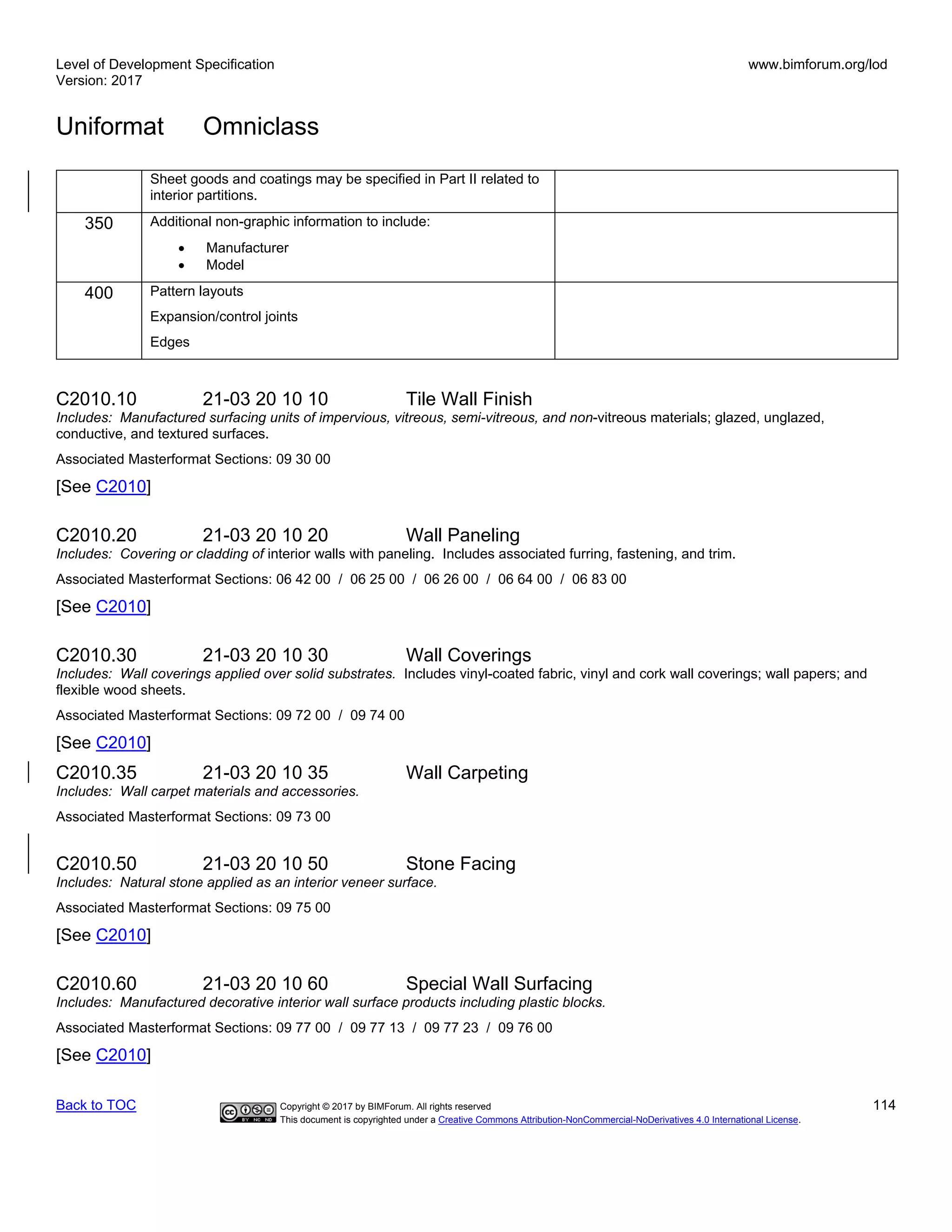 Level of Development Specification
Version: 2017
www.bimforum.org/lod
Uniformat Omniclass
Back to TOC Copyright © 2017 by BIMForum. All rights reserved 114
This document is copyrighted under a Creative Commons Attribution-NonCommercial-NoDerivatives 4.0 International License.
Sheet goods and coatings may be specified in Part II related to
interior partitions.
350 Additional non-graphic information to include:
• Manufacturer
• Model
400 Pattern layouts
Expansion/control joints
Edges
C2010.10 21-03 20 10 10 Tile Wall Finish
Includes: Manufactured surfacing units of impervious, vitreous, semi-vitreous, and non-vitreous materials; glazed, unglazed,
conductive, and textured surfaces.
Associated Masterformat Sections: 09 30 00
[See C2010]
C2010.20 21-03 20 10 20 Wall Paneling
Includes: Covering or cladding of interior walls with paneling. Includes associated furring, fastening, and trim.
Associated Masterformat Sections: 06 42 00 / 06 25 00 / 06 26 00 / 06 64 00 / 06 83 00
[See C2010]
C2010.30 21-03 20 10 30 Wall Coverings
Includes: Wall coverings applied over solid substrates. Includes vinyl-coated fabric, vinyl and cork wall coverings; wall papers; and
flexible wood sheets.
Associated Masterformat Sections: 09 72 00 / 09 74 00
[See C2010]
C2010.35 21-03 20 10 35 Wall Carpeting
Includes: Wall carpet materials and accessories.
Associated Masterformat Sections: 09 73 00
C2010.50 21-03 20 10 50 Stone Facing
Includes: Natural stone applied as an interior veneer surface.
Associated Masterformat Sections: 09 75 00
[See C2010]
C2010.60 21-03 20 10 60 Special Wall Surfacing
Includes: Manufactured decorative interior wall surface products including plastic blocks.
Associated Masterformat Sections: 09 77 00 / 09 77 13 / 09 77 23 / 09 76 00
[See C2010]
 
