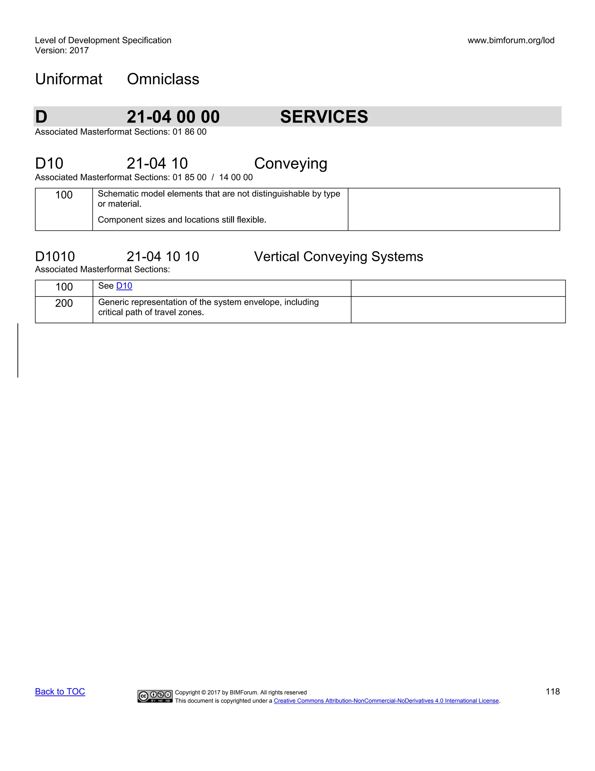 Level of Development Specification
Version: 2017
www.bimforum.org/lod
Uniformat Omniclass
Back to TOC Copyright © 2017 by BIMForum. All rights reserved 118
This document is copyrighted under a Creative Commons Attribution-NonCommercial-NoDerivatives 4.0 International License.
D 21-04 00 00 SERVICES
Associated Masterformat Sections: 01 86 00
D10 21-04 10 Conveying
Associated Masterformat Sections: 01 85 00 / 14 00 00
100 Schematic model elements that are not distinguishable by type
or material.
Component sizes and locations still flexible.
D1010 21-04 10 10 Vertical Conveying Systems
Associated Masterformat Sections:
100 See D10
200 Generic representation of the system envelope, including
critical path of travel zones.
 