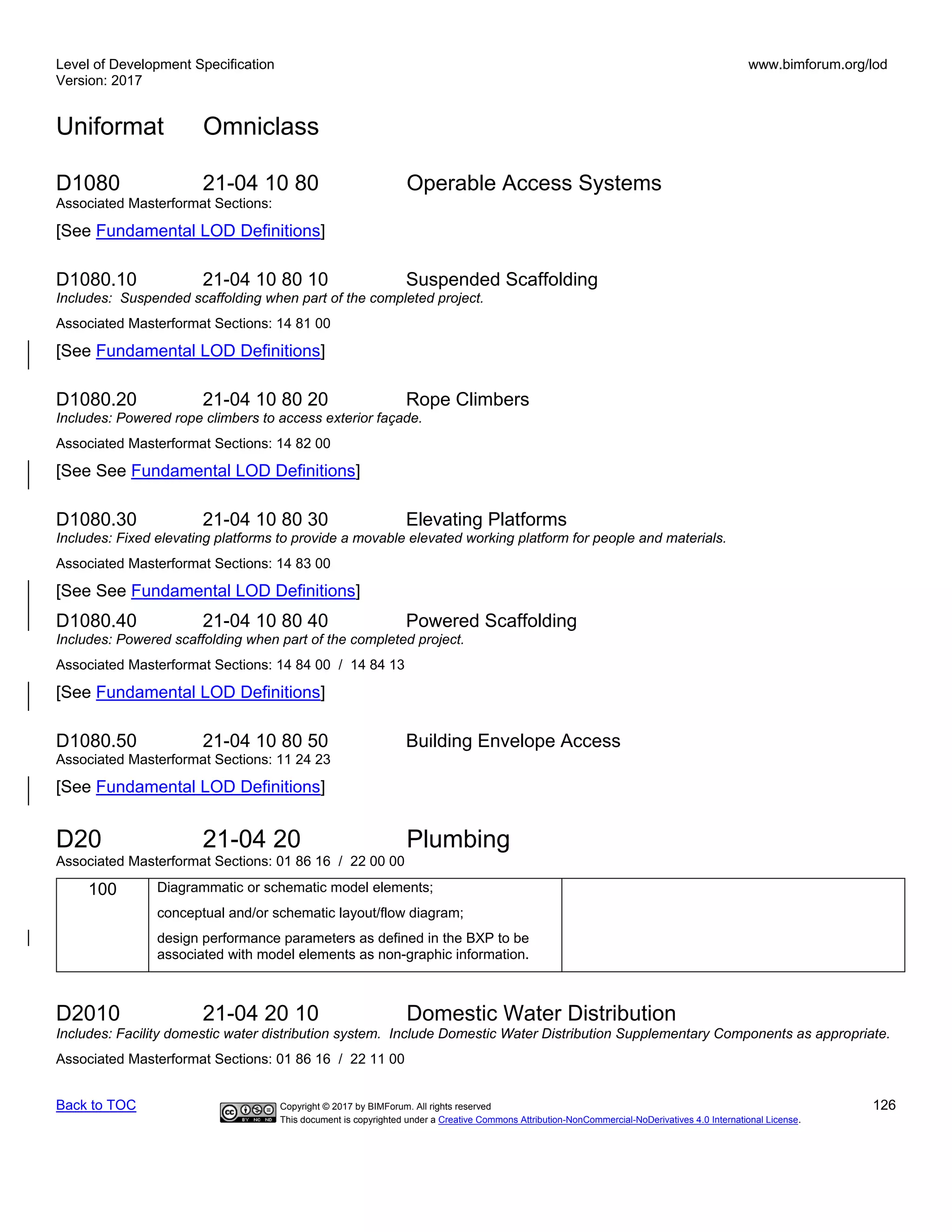 Level of Development Specification
Version: 2017
www.bimforum.org/lod
Uniformat Omniclass
Back to TOC Copyright © 2017 by BIMForum. All rights reserved 126
This document is copyrighted under a Creative Commons Attribution-NonCommercial-NoDerivatives 4.0 International License.
D1080 21-04 10 80 Operable Access Systems
Associated Masterformat Sections:
[See Fundamental LOD Definitions]
D1080.10 21-04 10 80 10 Suspended Scaffolding
Includes: Suspended scaffolding when part of the completed project.
Associated Masterformat Sections: 14 81 00
[See Fundamental LOD Definitions]
D1080.20 21-04 10 80 20 Rope Climbers
Includes: Powered rope climbers to access exterior façade.
Associated Masterformat Sections: 14 82 00
[See See Fundamental LOD Definitions]
D1080.30 21-04 10 80 30 Elevating Platforms
Includes: Fixed elevating platforms to provide a movable elevated working platform for people and materials.
Associated Masterformat Sections: 14 83 00
[See See Fundamental LOD Definitions]
D1080.40 21-04 10 80 40 Powered Scaffolding
Includes: Powered scaffolding when part of the completed project.
Associated Masterformat Sections: 14 84 00 / 14 84 13
[See Fundamental LOD Definitions]
D1080.50 21-04 10 80 50 Building Envelope Access
Associated Masterformat Sections: 11 24 23
[See Fundamental LOD Definitions]
D20 21-04 20 Plumbing
Associated Masterformat Sections: 01 86 16 / 22 00 00
100 Diagrammatic or schematic model elements;
conceptual and/or schematic layout/flow diagram;
design performance parameters as defined in the BXP to be
associated with model elements as non-graphic information.
D2010 21-04 20 10 Domestic Water Distribution
Includes: Facility domestic water distribution system. Include Domestic Water Distribution Supplementary Components as appropriate.
Associated Masterformat Sections: 01 86 16 / 22 11 00
 