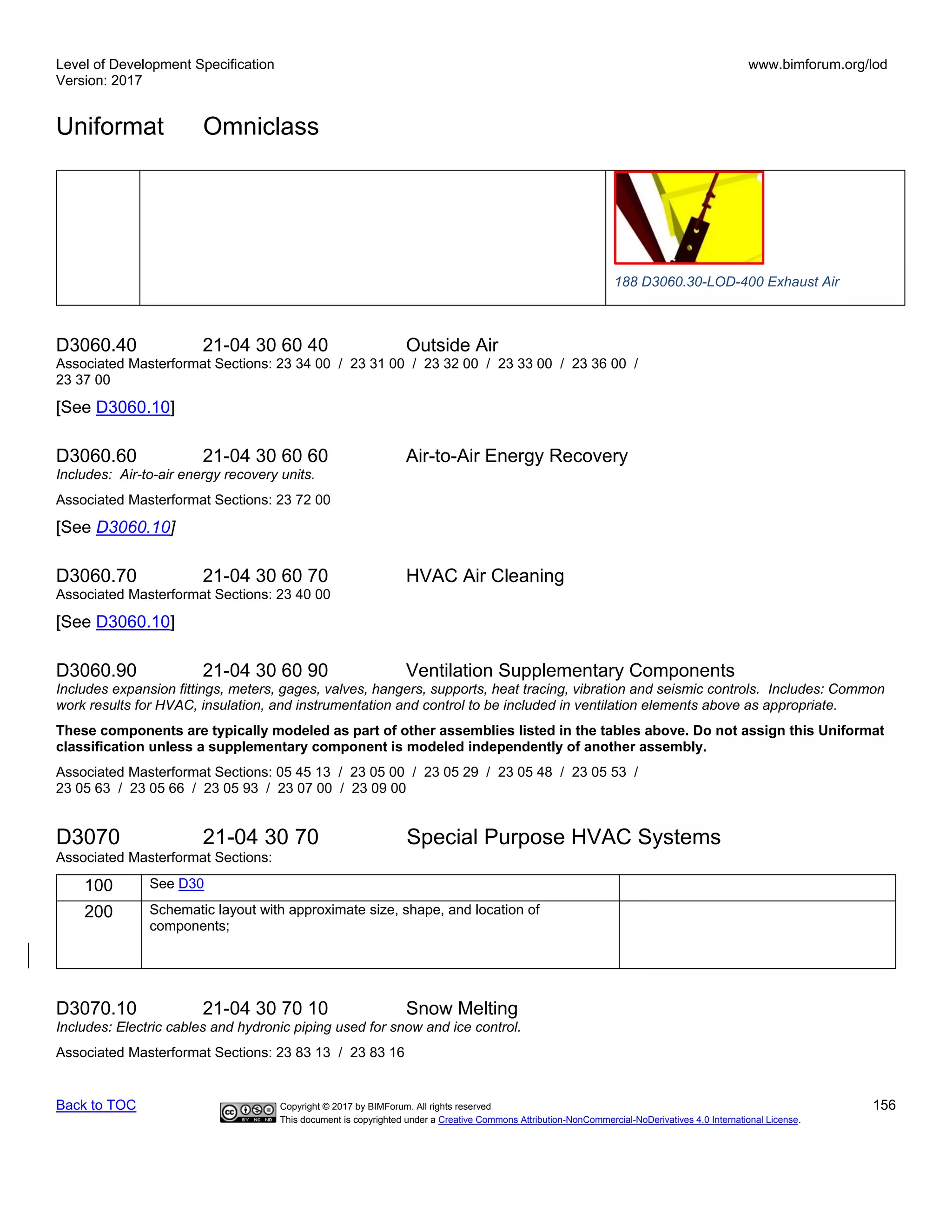 Level of Development Specification
Version: 2017
www.bimforum.org/lod
Uniformat Omniclass
Back to TOC Copyright © 2017 by BIMForum. All rights reserved 156
This document is copyrighted under a Creative Commons Attribution-NonCommercial-NoDerivatives 4.0 International License.
188 D3060.30-LOD-400 Exhaust Air
D3060.40 21-04 30 60 40 Outside Air
Associated Masterformat Sections: 23 34 00 / 23 31 00 / 23 32 00 / 23 33 00 / 23 36 00 /
23 37 00
[See D3060.10]
D3060.60 21-04 30 60 60 Air-to-Air Energy Recovery
Includes: Air-to-air energy recovery units.
Associated Masterformat Sections: 23 72 00
[See D3060.10]
D3060.70 21-04 30 60 70 HVAC Air Cleaning
Associated Masterformat Sections: 23 40 00
[See D3060.10]
D3060.90 21-04 30 60 90 Ventilation Supplementary Components
Includes expansion fittings, meters, gages, valves, hangers, supports, heat tracing, vibration and seismic controls. Includes: Common
work results for HVAC, insulation, and instrumentation and control to be included in ventilation elements above as appropriate.
These components are typically modeled as part of other assemblies listed in the tables above. Do not assign this Uniformat
classification unless a supplementary component is modeled independently of another assembly.
Associated Masterformat Sections: 05 45 13 / 23 05 00 / 23 05 29 / 23 05 48 / 23 05 53 /
23 05 63 / 23 05 66 / 23 05 93 / 23 07 00 / 23 09 00
D3070 21-04 30 70 Special Purpose HVAC Systems
Associated Masterformat Sections:
100 See D30
200 Schematic layout with approximate size, shape, and location of
components;
D3070.10 21-04 30 70 10 Snow Melting
Includes: Electric cables and hydronic piping used for snow and ice control.
Associated Masterformat Sections: 23 83 13 / 23 83 16
 