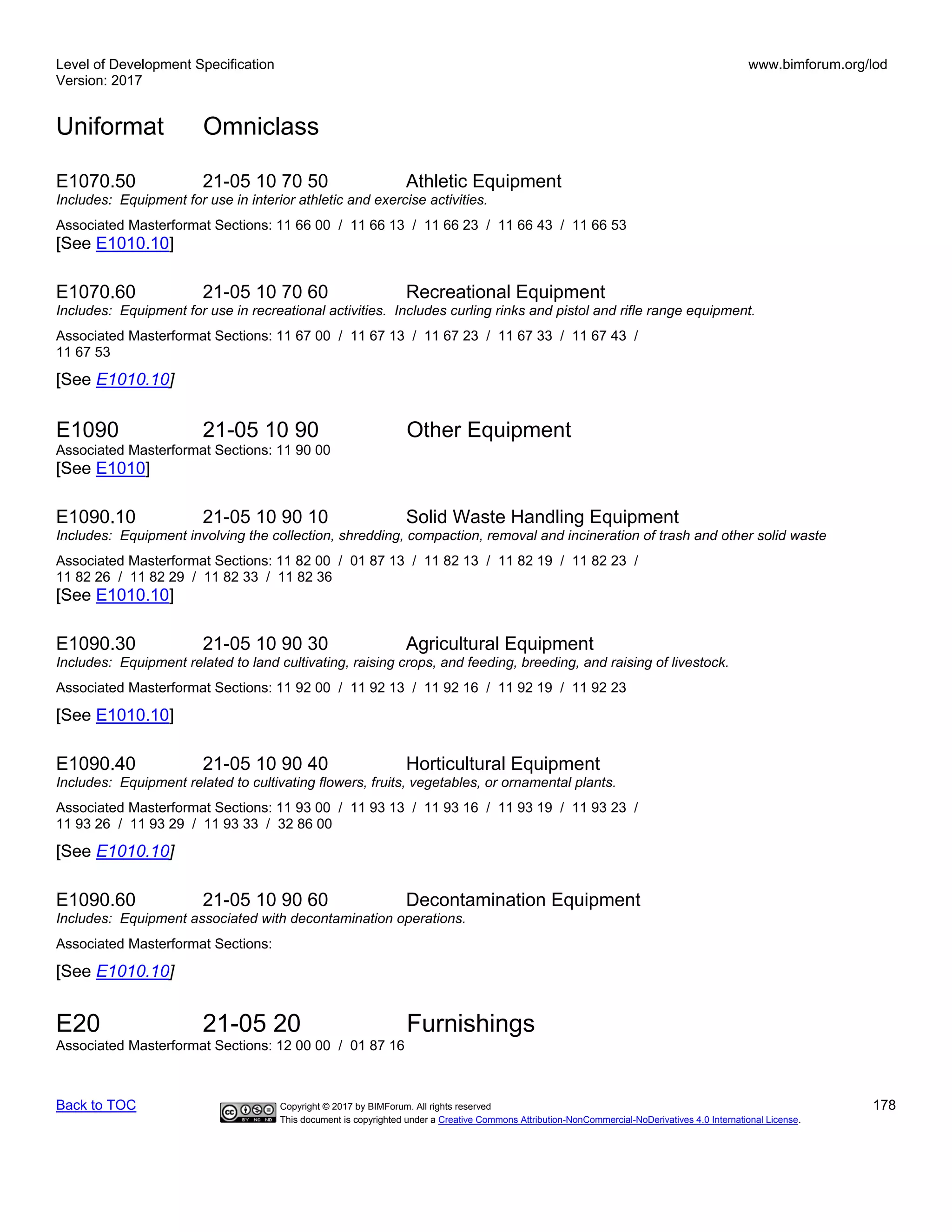 Level of Development Specification
Version: 2017
www.bimforum.org/lod
Uniformat Omniclass
Back to TOC Copyright © 2017 by BIMForum. All rights reserved 178
This document is copyrighted under a Creative Commons Attribution-NonCommercial-NoDerivatives 4.0 International License.
E1070.50 21-05 10 70 50 Athletic Equipment
Includes: Equipment for use in interior athletic and exercise activities.
Associated Masterformat Sections: 11 66 00 / 11 66 13 / 11 66 23 / 11 66 43 / 11 66 53
[See E1010.10]
E1070.60 21-05 10 70 60 Recreational Equipment
Includes: Equipment for use in recreational activities. Includes curling rinks and pistol and rifle range equipment.
Associated Masterformat Sections: 11 67 00 / 11 67 13 / 11 67 23 / 11 67 33 / 11 67 43 /
11 67 53
[See E1010.10]
E1090 21-05 10 90 Other Equipment
Associated Masterformat Sections: 11 90 00
[See E1010]
E1090.10 21-05 10 90 10 Solid Waste Handling Equipment
Includes: Equipment involving the collection, shredding, compaction, removal and incineration of trash and other solid waste
Associated Masterformat Sections: 11 82 00 / 01 87 13 / 11 82 13 / 11 82 19 / 11 82 23 /
11 82 26 / 11 82 29 / 11 82 33 / 11 82 36
[See E1010.10]
E1090.30 21-05 10 90 30 Agricultural Equipment
Includes: Equipment related to land cultivating, raising crops, and feeding, breeding, and raising of livestock.
Associated Masterformat Sections: 11 92 00 / 11 92 13 / 11 92 16 / 11 92 19 / 11 92 23
[See E1010.10]
E1090.40 21-05 10 90 40 Horticultural Equipment
Includes: Equipment related to cultivating flowers, fruits, vegetables, or ornamental plants.
Associated Masterformat Sections: 11 93 00 / 11 93 13 / 11 93 16 / 11 93 19 / 11 93 23 /
11 93 26 / 11 93 29 / 11 93 33 / 32 86 00
[See E1010.10]
E1090.60 21-05 10 90 60 Decontamination Equipment
Includes: Equipment associated with decontamination operations.
Associated Masterformat Sections:
[See E1010.10]
E20 21-05 20 Furnishings
Associated Masterformat Sections: 12 00 00 / 01 87 16
 