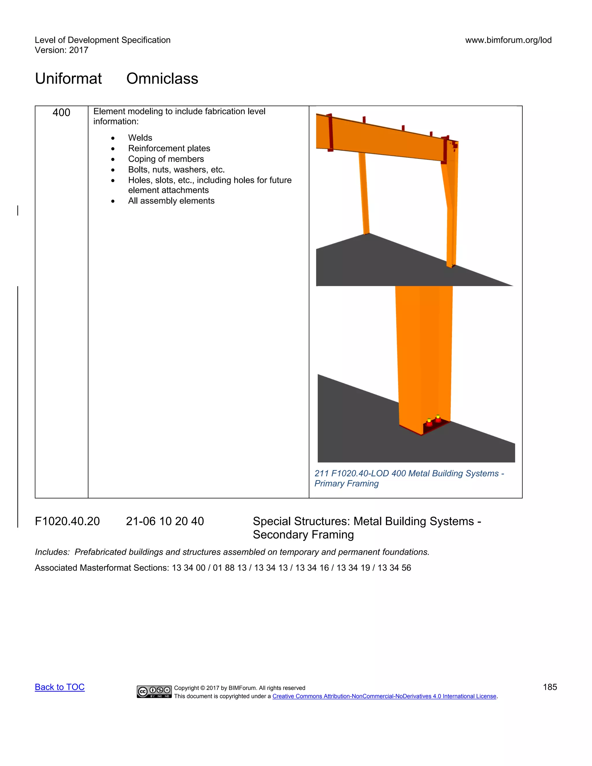 Level of Development Specification
Version: 2017
www.bimforum.org/lod
Uniformat Omniclass
Back to TOC Copyright © 2017 by BIMForum. All rights reserved 185
This document is copyrighted under a Creative Commons Attribution-NonCommercial-NoDerivatives 4.0 International License.
400 Element modeling to include fabrication level
information:
• Welds
• Reinforcement plates
• Coping of members
• Bolts, nuts, washers, etc.
• Holes, slots, etc., including holes for future
element attachments
• All assembly elements
211 F1020.40-LOD 400 Metal Building Systems -
Primary Framing
F1020.40.20 21-06 10 20 40 Special Structures: Metal Building Systems -
Secondary Framing
Includes: Prefabricated buildings and structures assembled on temporary and permanent foundations.
Associated Masterformat Sections: 13 34 00 / 01 88 13 / 13 34 13 / 13 34 16 / 13 34 19 / 13 34 56
 