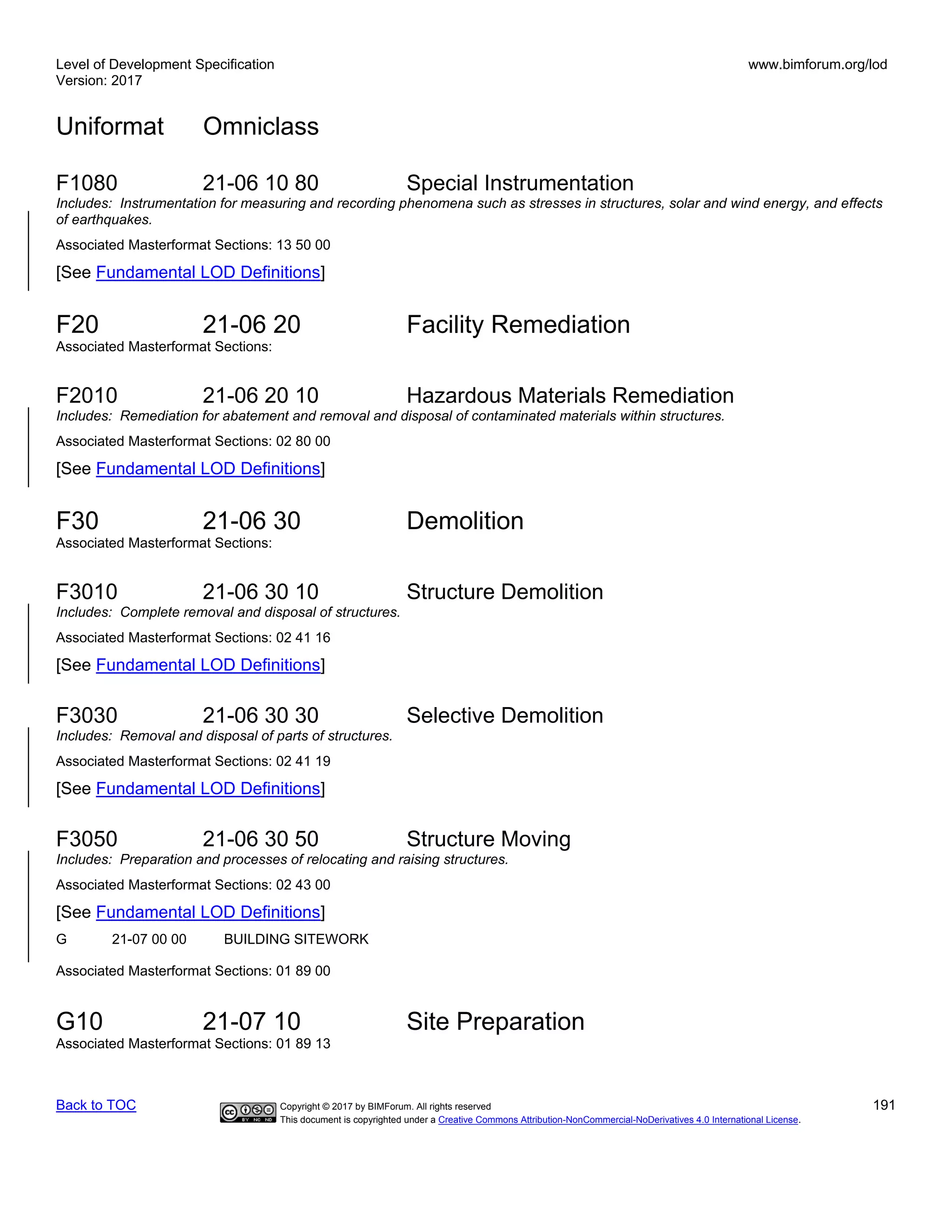Level of Development Specification
Version: 2017
www.bimforum.org/lod
Uniformat Omniclass
Back to TOC Copyright © 2017 by BIMForum. All rights reserved 191
This document is copyrighted under a Creative Commons Attribution-NonCommercial-NoDerivatives 4.0 International License.
F1080 21-06 10 80 Special Instrumentation
Includes: Instrumentation for measuring and recording phenomena such as stresses in structures, solar and wind energy, and effects
of earthquakes.
Associated Masterformat Sections: 13 50 00
[See Fundamental LOD Definitions]
F20 21-06 20 Facility Remediation
Associated Masterformat Sections:
F2010 21-06 20 10 Hazardous Materials Remediation
Includes: Remediation for abatement and removal and disposal of contaminated materials within structures.
Associated Masterformat Sections: 02 80 00
[See Fundamental LOD Definitions]
F30 21-06 30 Demolition
Associated Masterformat Sections:
F3010 21-06 30 10 Structure Demolition
Includes: Complete removal and disposal of structures.
Associated Masterformat Sections: 02 41 16
[See Fundamental LOD Definitions]
F3030 21-06 30 30 Selective Demolition
Includes: Removal and disposal of parts of structures.
Associated Masterformat Sections: 02 41 19
[See Fundamental LOD Definitions]
F3050 21-06 30 50 Structure Moving
Includes: Preparation and processes of relocating and raising structures.
Associated Masterformat Sections: 02 43 00
[See Fundamental LOD Definitions]
G 21-07 00 00 BUILDING SITEWORK
Associated Masterformat Sections: 01 89 00
G10 21-07 10 Site Preparation
Associated Masterformat Sections: 01 89 13
 