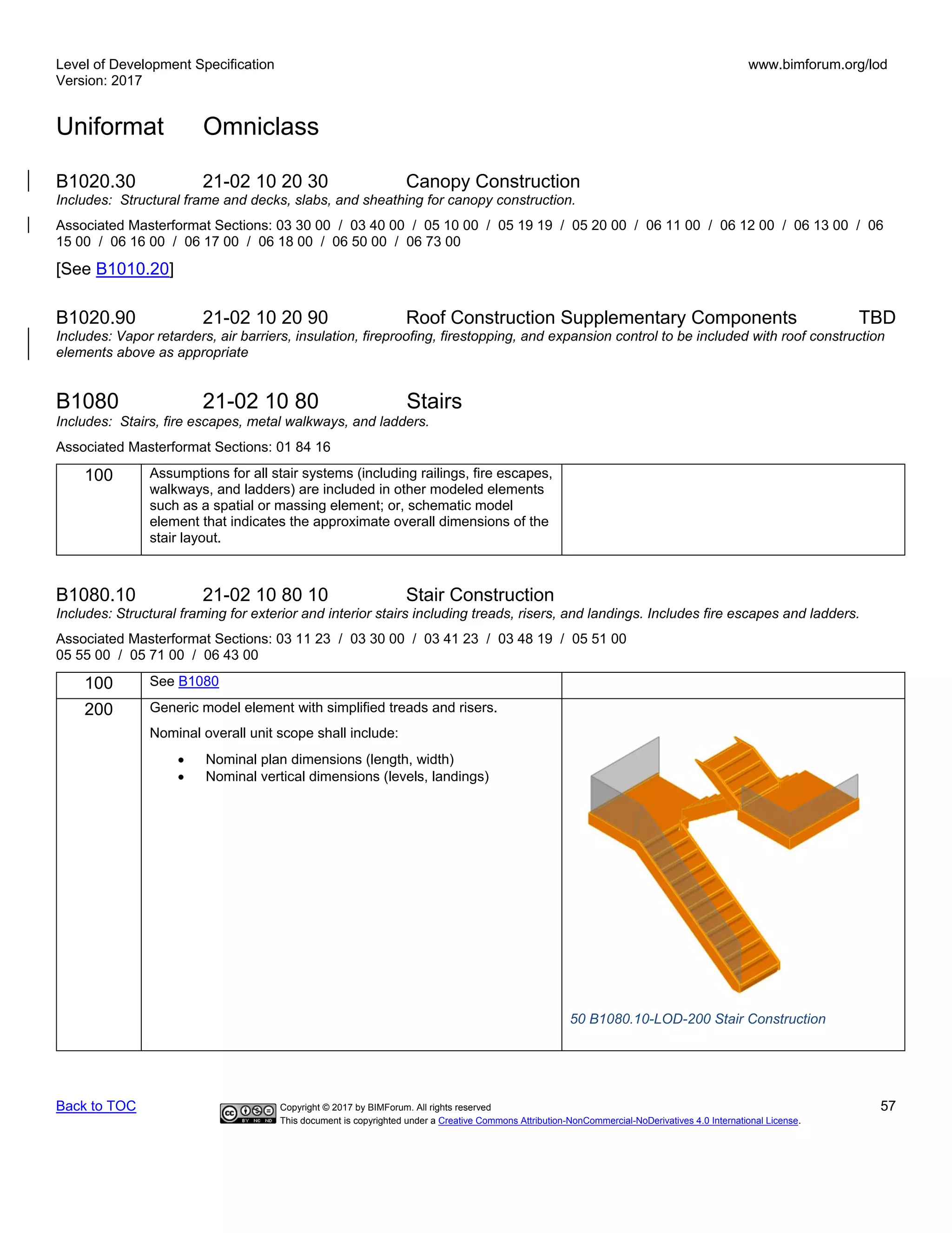 Level of Development Specification
Version: 2017
www.bimforum.org/lod
Uniformat Omniclass
Back to TOC Copyright © 2017 by BIMForum. All rights reserved 57
This document is copyrighted under a Creative Commons Attribution-NonCommercial-NoDerivatives 4.0 International License.
B1020.30 21-02 10 20 30 Canopy Construction
Includes: Structural frame and decks, slabs, and sheathing for canopy construction.
Associated Masterformat Sections: 03 30 00 / 03 40 00 / 05 10 00 / 05 19 19 / 05 20 00 / 06 11 00 / 06 12 00 / 06 13 00 / 06
15 00 / 06 16 00 / 06 17 00 / 06 18 00 / 06 50 00 / 06 73 00
[See B1010.20]
B1020.90 21-02 10 20 90 Roof Construction Supplementary Components TBD
Includes: Vapor retarders, air barriers, insulation, fireproofing, firestopping, and expansion control to be included with roof construction
elements above as appropriate
B1080 21-02 10 80 Stairs
Includes: Stairs, fire escapes, metal walkways, and ladders.
Associated Masterformat Sections: 01 84 16
100 Assumptions for all stair systems (including railings, fire escapes,
walkways, and ladders) are included in other modeled elements
such as a spatial or massing element; or, schematic model
element that indicates the approximate overall dimensions of the
stair layout.
B1080.10 21-02 10 80 10 Stair Construction
Includes: Structural framing for exterior and interior stairs including treads, risers, and landings. Includes fire escapes and ladders.
Associated Masterformat Sections: 03 11 23 / 03 30 00 / 03 41 23 / 03 48 19 / 05 51 00
05 55 00 / 05 71 00 / 06 43 00
100 See B1080
200 Generic model element with simplified treads and risers.
Nominal overall unit scope shall include:
• Nominal plan dimensions (length, width)
• Nominal vertical dimensions (levels, landings)
50 B1080.10-LOD-200 Stair Construction
 