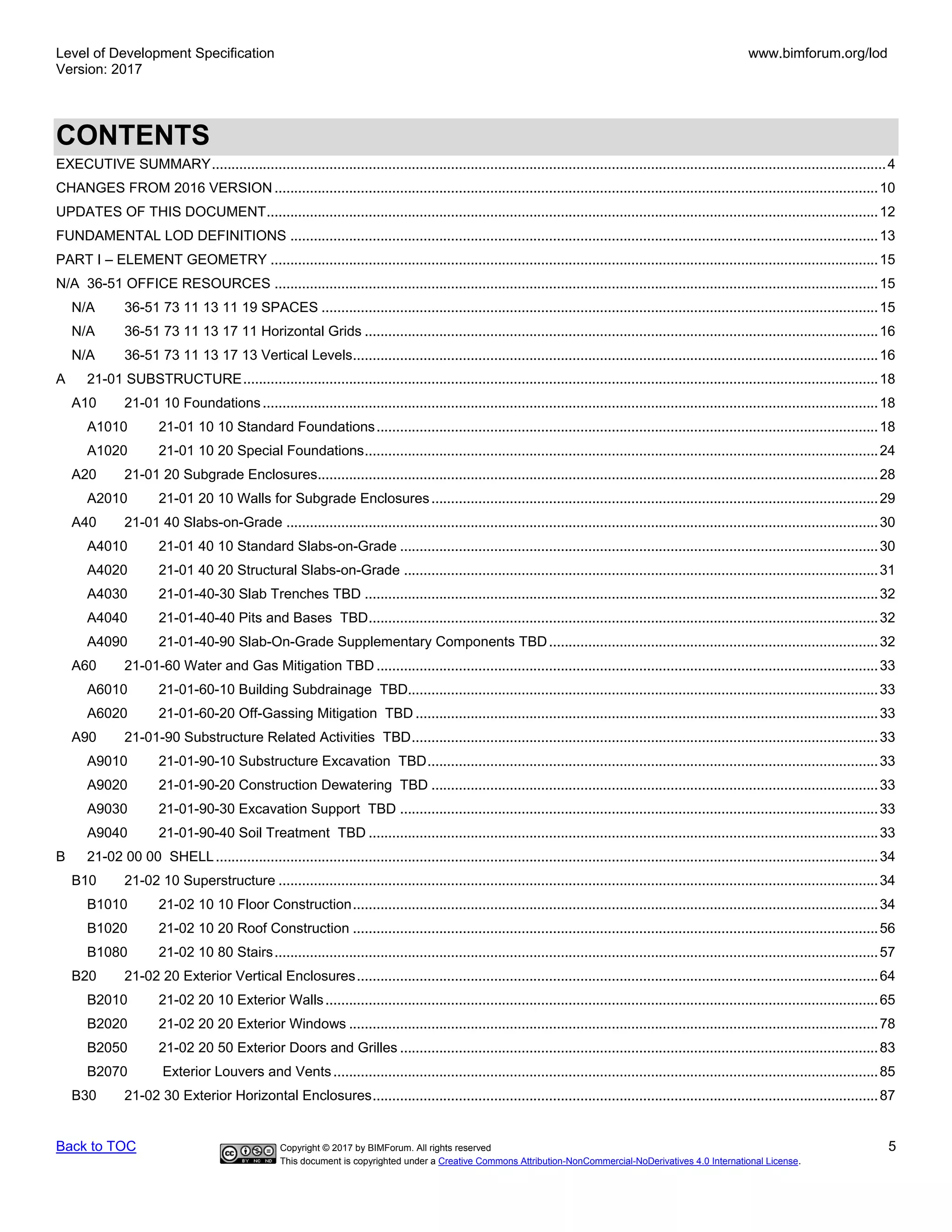 Level of Development Specification
Version: 2017
www.bimforum.org/lod
Back to TOC Copyright © 2017 by BIMForum. All rights reserved 5
This document is copyrighted under a Creative Commons Attribution-NonCommercial-NoDerivatives 4.0 International License.
CONTENTS
EXECUTIVE SUMMARY............................................................................................................................................................................4
CHANGES FROM 2016 VERSION ..........................................................................................................................................................10
UPDATES OF THIS DOCUMENT............................................................................................................................................................12
FUNDAMENTAL LOD DEFINITIONS ......................................................................................................................................................13
PART I – ELEMENT GEOMETRY ...........................................................................................................................................................15
N/A 36-51 OFFICE RESOURCES ..........................................................................................................................................................15
N/A 36-51 73 11 13 11 19 SPACES ..............................................................................................................................................15
N/A 36-51 73 11 13 17 11 Horizontal Grids ...................................................................................................................................16
N/A 36-51 73 11 13 17 13 Vertical Levels......................................................................................................................................16
A 21-01 SUBSTRUCTURE..................................................................................................................................................................18
A10 21-01 10 Foundations.............................................................................................................................................................18
A1010 21-01 10 10 Standard Foundations................................................................................................................................18
A1020 21-01 10 20 Special Foundations...................................................................................................................................24
A20 21-01 20 Subgrade Enclosures...............................................................................................................................................28
A2010 21-01 20 10 Walls for Subgrade Enclosures..................................................................................................................29
A40 21-01 40 Slabs-on-Grade .......................................................................................................................................................30
A4010 21-01 40 10 Standard Slabs-on-Grade ..........................................................................................................................30
A4020 21-01 40 20 Structural Slabs-on-Grade .........................................................................................................................31
A4030 21-01-40-30 Slab Trenches TBD ...................................................................................................................................32
A4040 21-01-40-40 Pits and Bases TBD..................................................................................................................................32
A4090 21-01-40-90 Slab-On-Grade Supplementary Components TBD....................................................................................32
A60 21-01-60 Water and Gas Mitigation TBD ................................................................................................................................33
A6010 21-01-60-10 Building Subdrainage TBD........................................................................................................................33
A6020 21-01-60-20 Off-Gassing Mitigation TBD ......................................................................................................................33
A90 21-01-90 Substructure Related Activities TBD.......................................................................................................................33
A9010 21-01-90-10 Substructure Excavation TBD...................................................................................................................33
A9020 21-01-90-20 Construction Dewatering TBD ..................................................................................................................33
A9030 21-01-90-30 Excavation Support TBD ..........................................................................................................................33
A9040 21-01-90-40 Soil Treatment TBD ..................................................................................................................................33
B 21-02 00 00 SHELL.........................................................................................................................................................................34
B10 21-02 10 Superstructure .........................................................................................................................................................34
B1010 21-02 10 10 Floor Construction......................................................................................................................................34
B1020 21-02 10 20 Roof Construction ......................................................................................................................................56
B1080 21-02 10 80 Stairs..........................................................................................................................................................57
B20 21-02 20 Exterior Vertical Enclosures.....................................................................................................................................64
B2010 21-02 20 10 Exterior Walls.............................................................................................................................................65
B2020 21-02 20 20 Exterior Windows .......................................................................................................................................78
B2050 21-02 20 50 Exterior Doors and Grilles ..........................................................................................................................83
B2070 Exterior Louvers and Vents...........................................................................................................................................85
B30 21-02 30 Exterior Horizontal Enclosures.................................................................................................................................87
 