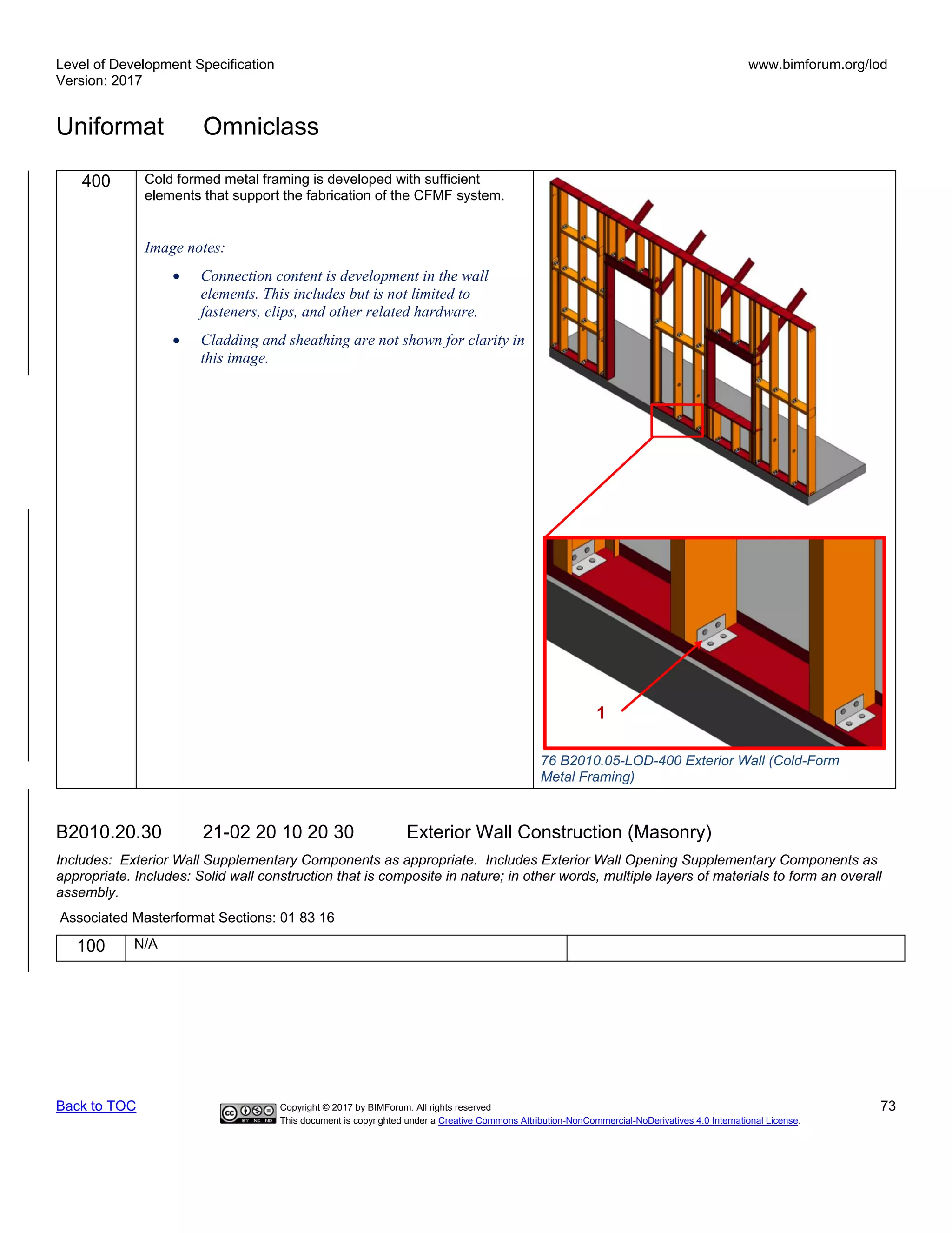 Level of Development Specification
Version: 2017
www.bimforum.org/lod
Uniformat Omniclass
Back to TOC Copyright © 2017 by BIMForum. All rights reserved 73
This document is copyrighted under a Creative Commons Attribution-NonCommercial-NoDerivatives 4.0 International License.
400 Cold formed metal framing is developed with sufficient
elements that support the fabrication of the CFMF system.
Image notes:
• Connection content is development in the wall
elements. This includes but is not limited to
fasteners, clips, and other related hardware.
• Cladding and sheathing are not shown for clarity in
this image.
B2010.20.30 21-02 20 10 20 30 Exterior Wall Construction (Masonry)
Includes: Exterior Wall Supplementary Components as appropriate. Includes Exterior Wall Opening Supplementary Components as
appropriate. Includes: Solid wall construction that is composite in nature; in other words, multiple layers of materials to form an overall
assembly.
Associated Masterformat Sections: 01 83 16
100 N/A
1
76 B2010.05-LOD-400 Exterior Wall (Cold-Form
Metal Framing)
 