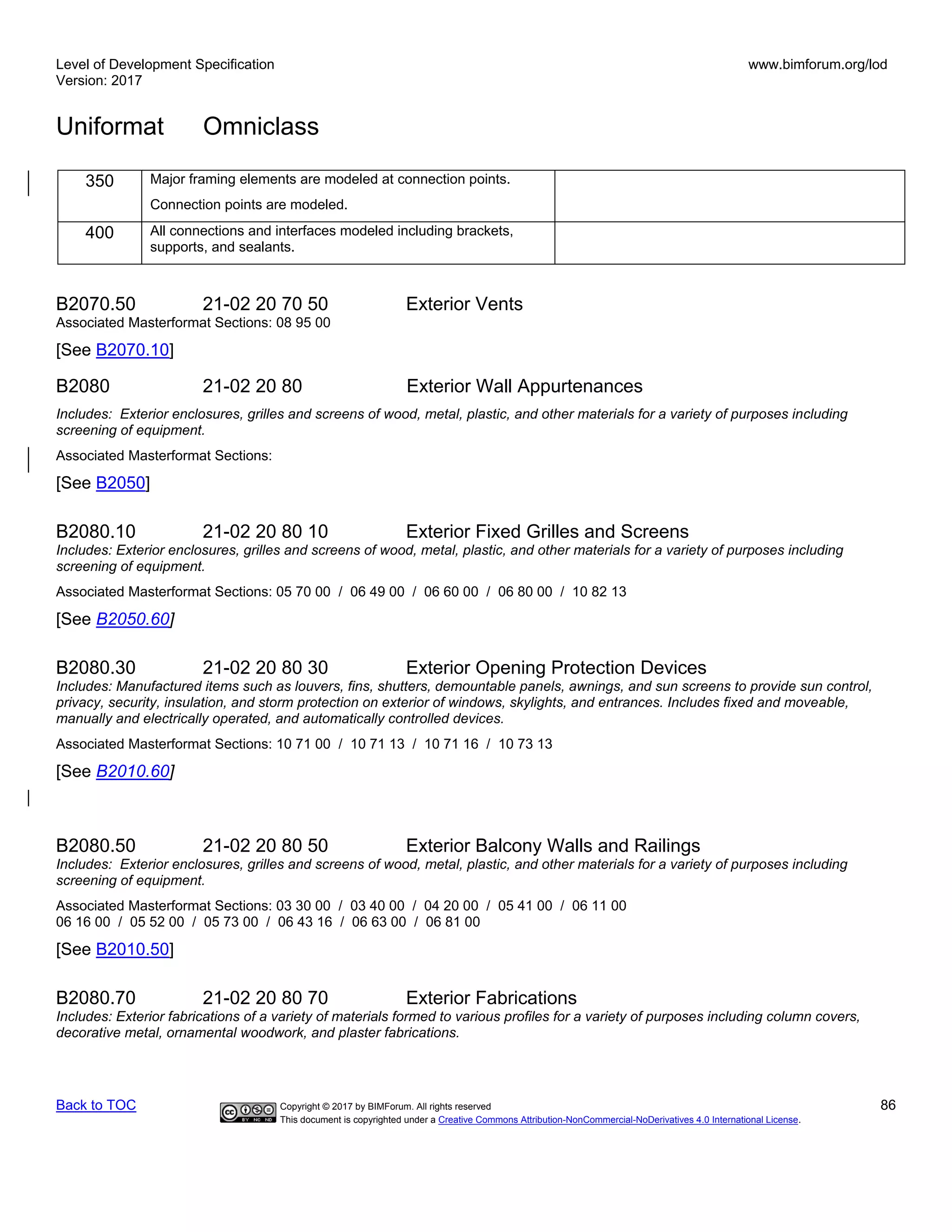 Level of Development Specification
Version: 2017
www.bimforum.org/lod
Uniformat Omniclass
Back to TOC Copyright © 2017 by BIMForum. All rights reserved 86
This document is copyrighted under a Creative Commons Attribution-NonCommercial-NoDerivatives 4.0 International License.
350 Major framing elements are modeled at connection points.
Connection points are modeled.
400 All connections and interfaces modeled including brackets,
supports, and sealants.
B2070.50 21-02 20 70 50 Exterior Vents
Associated Masterformat Sections: 08 95 00
[See B2070.10]
B2080 21-02 20 80 Exterior Wall Appurtenances
Includes: Exterior enclosures, grilles and screens of wood, metal, plastic, and other materials for a variety of purposes including
screening of equipment.
Associated Masterformat Sections:
[See B2050]
B2080.10 21-02 20 80 10 Exterior Fixed Grilles and Screens
Includes: Exterior enclosures, grilles and screens of wood, metal, plastic, and other materials for a variety of purposes including
screening of equipment.
Associated Masterformat Sections: 05 70 00 / 06 49 00 / 06 60 00 / 06 80 00 / 10 82 13
[See B2050.60]
B2080.30 21-02 20 80 30 Exterior Opening Protection Devices
Includes: Manufactured items such as louvers, fins, shutters, demountable panels, awnings, and sun screens to provide sun control,
privacy, security, insulation, and storm protection on exterior of windows, skylights, and entrances. Includes fixed and moveable,
manually and electrically operated, and automatically controlled devices.
Associated Masterformat Sections: 10 71 00 / 10 71 13 / 10 71 16 / 10 73 13
[See B2010.60]
B2080.50 21-02 20 80 50 Exterior Balcony Walls and Railings
Includes: Exterior enclosures, grilles and screens of wood, metal, plastic, and other materials for a variety of purposes including
screening of equipment.
Associated Masterformat Sections: 03 30 00 / 03 40 00 / 04 20 00 / 05 41 00 / 06 11 00
06 16 00 / 05 52 00 / 05 73 00 / 06 43 16 / 06 63 00 / 06 81 00
[See B2010.50]
B2080.70 21-02 20 80 70 Exterior Fabrications
Includes: Exterior fabrications of a variety of materials formed to various profiles for a variety of purposes including column covers,
decorative metal, ornamental woodwork, and plaster fabrications.
 