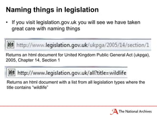 Naming things in legislation
• If you visit legislation.gov.uk you will see we have taken
  great care with naming things



Returns an html document for United Kingdom Public General Act (ukpga),
2005, Chapter 14, Section 1




Returns an html document with a list from all legislation types where the
title contains “wildlife”
 