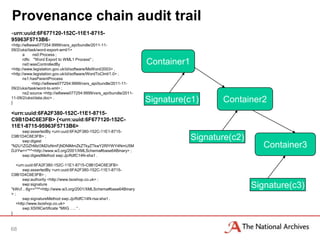 Provenance chain audit trail
<urn:uuid:6F677120-152C-11E1-8715-
95963F5713B6>
<http://w8www077254:9999/vsrs_api/bundle/2011-11-
09/2/uksi/task/word-export-wml/1>
       a     ns0:Process ;
       rdfs: "Word Export to WML1 Process" ;
       ns0:wasControlledBy                                         Container1
<http://www.legislation.gov.uk/id/software/MsWord/2003> ,
<http://www.legislation.gov.uk/id/software/WordToClml/1.0> ;
       ns1:hasParentProcess
            <http://w8www077254:9999/vsrs_api/bundle/2011-11-
09/2/uksi/task/word-to-xml> ;
       ns2:source <http://w8www077254:9999/vsrs_api/bundle/2011-
11-09/2/uksi/data.doc> .
}                                                                  Signature(c1)       Container2
<urn:uuid:6FA2F380-152C-11E1-8715-
C9B1D4C6E3FB> {<urn:uuid:6F677120-152C-
11E1-8715-95963F5713B6>
     swp:assertedBy <urn:uuid:6FA2F380-152C-11E1-8715-
C9B1D4C6E3FB> ;
     swp:digest
                                                                                Signature(c2)
"N2U1ZGZhMzI3M2IzNmFjNDNlMmZkZTkyZTkwY2RlYWY4NmU5M
DJiYw=="^^<http://www.w3.org/2001/XMLSchema#base64Binary> ;
                                                                                                   Container3
     swp:digestMethod swp:JjcRdfC14N-sha1 .

  <urn:uuid:6FA2F380-152C-11E1-8715-C9B1D4C6E3FB>
      swp:assertedBy <urn:uuid:6FA2F380-152C-11E1-8715-
C9B1D4C6E3FB> ;
      swp:authority <http://www.tsoshop.co.uk> ;
      swp:signature
"kWcf…6g=="^^<http://www.w3.org/2001/XMLSchema#base64Binary
                                                                                                Signature(c3)
>;
      swp:signatureMethod swp:JjcRdfC14N-rsa-sha1 .
  <http://www.tsoshop.co.uk>
      swp:X509Certificate "MIIG …. “ .
}



68
 