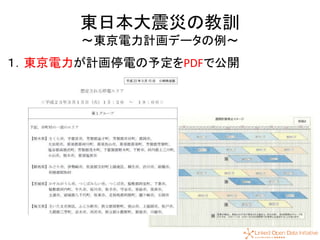 14
東日本大震災の教訓
～東京電力計画データの例～
１．東京電力が計画停電の予定をPDFで公開
 
