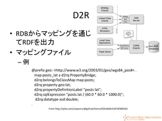 46
D2R
• RDBからマッピングを通じ
てRDFを出力
• マッピングファイル
– 例
@prefix geo: <http://www.w3.org/2003/01/geo/wgs84_pos#> .
map:posts_lat a d2rq:PropertyBridge;
d2rq:belongsToClassMap map:posts;
d2rq:property geo:lat;
d2rq:propertyDefinitionLabel "posts lat";
d2rq:sqlExpression "posts.lat / (60.0 * 60.0 * 1000.0)";
d2rq:datatype xsd:double;
.
From http://qiita.com/sawamur@github/items/02b3ddfa3187df300342
 