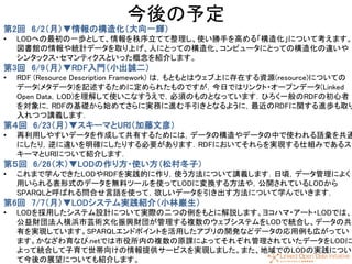 60
今後の予定
第2回 6/2（月）▼情報の構造化（大向一輝）
• LODへの最初の一歩として、情報を秩序立てて整理し、使い勝手を高める「構造化」について考えます。
図書館の情報や統計データを取り上げ、人にとっての構造化、コンピュータにとっての構造化の違いや
シンタックス・セマンティクスといった概念を紹介します。
第3回 6/9（月）▼RDF入門（小出誠二）
• RDF (Resource Description Framework) は，もともとはウェブ上に存在する資源(resource)についての
データ(メタデータ)を記述するために定められたものですが，今日ではリンクト・オープンデータ(Linked
Open Data，LOD)を理解して使いこなすうえで，必須のものとなっています．ひろく一般のRDFの初心者
を対象に，RDFの基礎から始めてさらに実務に進む手引きとなるように，最近のRDFに関する進歩も取り
入れつつ講義します．
第４回 6/23（月）▼スキーマとURI（加藤文彦）
• 再利用しやすいデータを作成して共有するためには，データの構造やデータの中で使われる語彙を共通
にしたり，逆に違いを明確にしたりする必要があります．RDFにおいてそれらを実現する仕組みであるス
キーマとURIについて紹介します．
第５回 6/26（木）▼LODの作り方・使い方（松村冬子）
• これまで学んできたLODやRDFを実践的に作り，使う方法について講義します．日頃，データ管理によく
用いられる表形式のデータを無料ツールを使ってLODに変換する方法や，公開されているLODから
SPARQLと呼ばれる問合せ言語を使って，欲しいデータを引き出す方法について学んでいきます．
第6回 7/7（月）▼LODシステム実践紹介（小林巌生）
• LODを採用したシステム設計について実際の二つの例をもとに解説します。ヨコハマ・アート・LODでは、
公益財団法人横浜市芸術文化振興財団が管理する複数のウェブシステムをLODで統合し、データの共
有を実現しています。SPARQLエンドポイントを活用したアプリの開発などデータの応用例も広がってい
ます。かなざわ育なび.netでは市役所内の複数の原課によってそれぞれ管理されていたデータをLODに
よって統合して子育て世帯向けの情報提供サービスを実現しました。また、地域でのLODの実践につい
て今後の展望についても紹介します。
 