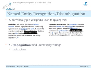 Creating Knowledge out of Interlinked Data




 Named Entity Recognition/Disambiguation
• Automatically put Wikipedia links to (plain) text.




• 1. Recognition: find „interesting“ strings
    •    s urface form s




LOD2 Webinar . 26.02.2013. Page 11                     http://lod2.eu
 
