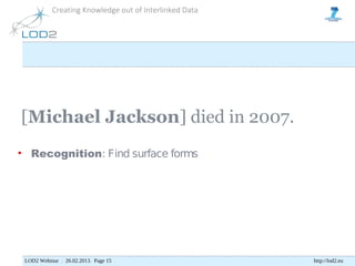 Creating Knowledge out of Interlinked Data




[Michael Jackson] died in 2007.
• Recognition: Find surface forms




 LOD2 Webinar . 26.02.2013. Page 15                     http://lod2.eu
 