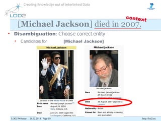 Creating Knowledge out of Interlinked Data


                                                          contex
                                                                t
       [Michael Jackson] died in 2007.
• Disambiguation: Choose correct entity
   •     Candidates for               [Michael Jackson]




 LOD2 Webinar . 26.02.2013. Page 19                            http://lod2.eu
 