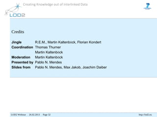Creating Knowledge out of Interlinked Data




Credits

Jingle       R.E.M., Martin Kaltenböck, Florian Kondert
Coordination Thomas Thurner
             Martin Kaltenböck
Moderation Martin Kaltenböck
Presented by Pablo N. Mendes
Slides from Pablo N. Mendes, Max Jakob, Joachim Daiber




LOD2 Webinar . 26.02.2013 . Page 32                       http://lod2.eu
 