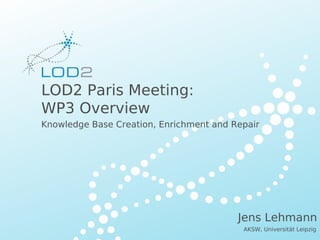 Creating Knowledge out of Interlinked Data




        LOD2 Paris Meeting:
        WP3 Overview
        Knowledge Base Creation, Enrichment and Repair




                                                    Jens Lehmann
                                                        AKSW, Universität Leipzig
LOD2 Presentation . 02.09.2010 . Page                                http://lod2.eu
 