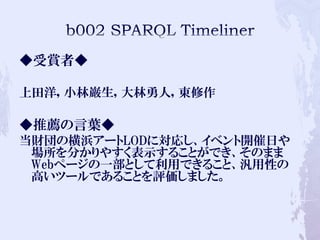 ◆受賞者◆
上田洋, 小林巌生, 大林勇人, 東修作
◆推薦の言葉◆
当財団の横浜アートLODに対応し、イベント開催日や
場所を分かりやすく表示することができ、そのまま
Webページの一部として利用できること、汎用性の
高いツールであることを評価しました。
 