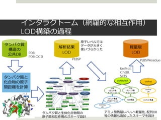 インタラクトーム（網羅的な相互作用）
LOD構築の過程
タンパク質
構造の
公共DB
解析結果
LOD
タンパク質と
化合物の原子
間距離を計算
タンパク質と生体化合物間の
原子間相互作用のスキーマ設計
原子レベルでは
データが大きく
使いづらかった
アミノ酸残基レベルへ軽量化, 配列DB
等の情報も追加したスキーマを設計
軽量版
LODPDB,
PDB-CCD
UniProt,
ChEBI,
SIFTS
PLBSP PLBSPResidue
 