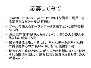 ļƤߤ
? SPARQL TimelinerSparqlEPCUΘʺgäǤ
PȤʤĩ`뤬y
? ĩ`ʹ륪`ץǩ`̽ȤȤζΘ
ʤ
? ˴ڤ롸ä餤ʡयˤʹ
ʤΤݤˤʤ
? Ԥʹ褦ˤˤϣɤʥǩ`ɤ
ṩΤΤähՓ٤
? ʹäƤߤȤإȤX˥ȸ
hߤˤʤȶय
ϲ֤Ȥ
 
