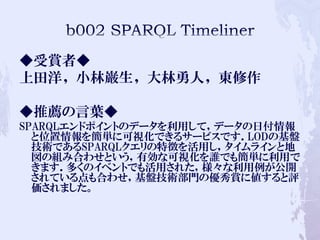 ◆受賞者◆
上田洋, 小林巌生, 大林勇人, 東修作
◆推薦の言葉◆
SPARQLエンドポイントのデータを利用して，データの日付情報
と位置情報を簡単に可視化できるサービスです．LODの基盤
技術であるSPARQLクエリの特徴を活用し，タイムラインと地
図の組み合わせという，有効な可視化を誰でも簡単に利用で
きます．多くのイベントでも活用された，様々な利用例が公開
されている点も合わせ，基盤技術部門の優秀賞に値すると評
価されました。
 