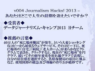 ◆受賞者◆
データジャーナリズム・キャンプ2013 Hチーム
◆推薦の言葉◆
４０万人の”死に場所難民”が発生、という大変ショッキング
なコピーから始まるウェブサービス。そのコピー下に、死
に場所の「自宅」「病院」「老人ホーム」が柔らかなピクト
グラムで表され、クリックすると、現在の”死に場所”を円
グラフ、続いてその経年変化を折れ線グラフで表現し、
自分の居住県を選択すると、各県保健局の項目に飛ぶ
など、使用図形の緩急及び導線の作り方が絶妙です。
 