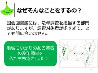 10
なぜそんなことをするの？
国会図書館には、没年調査を担当する部門
がありますが、調査対象者が多すぎて、と
ても間に合いません。
地域にゆかりのある著者
の没年調査を
私たちも協力しよう！
 