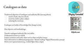 DiJeSt.net
Catalogues as data
Traditional objectives of catalogues and authority files (among others):
- search a book, di...