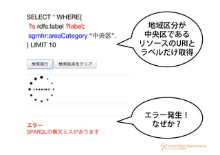 SELECT * WHERE{
?s rdfs:label ?label;
sgmhr:areaCategory “中央区”.
} LIMIT 10

地域区分が
中央区である
リソースのURIと
ラベルだけ取得
エラー発生！
なぜか？
 