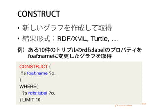 CONSTRUCT
•  新しいグラフを作成して取得
•  結果形式：RDF/XML, Turtle, …
CONSTRUCT {
?s foaf:name ?o.
}
WHERE{
?s rdfs:label ?o.
} LIMIT 10
例）ある10件のトリプルのrdfs:labelのプロパティを
  foaf:nameに変更したグラフを取得
 