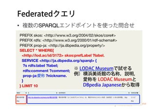 Federatedクエリ
•  複数のSPARQLエンドポイントを使った問合せ
PREFIX skos: <http://www.w3.org/2004/02/skos/core#>
PREFIX rdfs: <http://www.w3.org/2000/01/rdf-schema#>
PREFIX prop-ja: <http://ja.dbpedia.org/property/>
SELECT * WHERE{
<http://lod.ac/id/3172> skos:prefLabel ?label.
SERVICE <http://ja.dbpedia.org/sparql> { 
?s rdfs:label ?label;
rdfs:comment ?comment;
prop-ja:愛称 ?nickname. 
} 
} LIMIT 10
※ LODAC Museumで試せる
例）横浜美術館の名称，説明，
  愛称を LODAC Museumと
  DBpedia Japaneseから取得
 