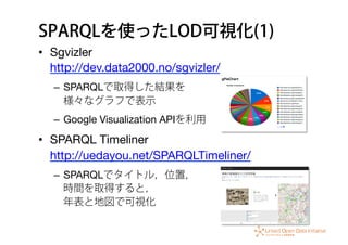 SPARQLを使ったLOD可視化(1)
•  Sgvizler 
http://dev.data2000.no/sgvizler/
–  SPARQLで取得した結果を 
様々なグラフで表示
–  Google Visualization APIを利用
•  SPARQL Timeliner 
http://uedayou.net/SPARQLTimeliner/
–  SPARQLでタイトル，位置， 
時間を取得すると， 
年表と地図で可視化
 
