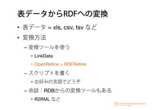 表データからRDFへの変換
•  表データ = xls, csv, tsv など
•  変換方法
– 変換ツールを使う
•  LinkData
•  OpenReﬁne + RDFReﬁne
– スクリプトを書く
•  お好みの言語でどうぞ
– 余談：RDBからの変換ツールもある
•  R2RML など
 