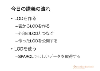 今日の講義の流れ
•  LODを作る
– 表からLODを作る
– 外部のLODとつなぐ
– 作ったLODを公開する
•  LODを使う
– SPARQLでほしいデータを取得する
 