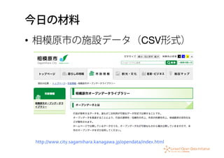 今日の材料
•  相模原市の施設データ（CSV形式）
http://www.city.sagamihara.kanagawa.jp/opendata/index.html
 