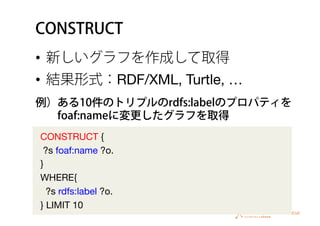CONSTRUCT
•  新しいグラフを作成して取得
•  結果形式：RDF/XML, Turtle, …
CONSTRUCT {
?s foaf:name ?o.
}
WHERE{
?s rdfs:label ?o.
} LIMIT 10
例...