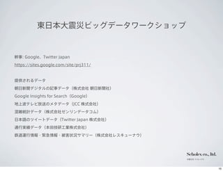 東日本大震災ビッグデータワークショップ


      幹事: Google、Twitter Japan

      https://sites.google.com/site/prj311/



      提供されるデータ

      朝日新聞デジタルの記事データ（株式会社 朝日新聞社）

      Google Insights for Search（Google）

      地上波テレビ放送のメタデータ（JCC 株式会社）

      混雑統計データ（株式会社ゼンリンデータコム）

      日本語のツイートデータ（Twitter Japan 株式会社）

      通行実績データ（本田技研工業株式会社）

      鉄道運行情報・緊急情報・被害状況サマリー（株式会社レスキューナウ）



                                              Scholex co., ltd.
                                              有限会社 スコレックス




12年10月9日火曜日
 