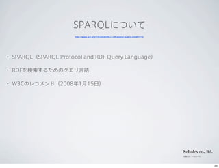 SPARQLについて
                          http://www.w3.org/TR/2008/REC-rdf-sparql-query-20080115/




  •   SPARQL（SPARQL Protocol and RDF Query Language）

  •   RDFを検索するためのクエリ言語

  •   W3Cのレコメンド（2008年1月15日）




                                                                                     Scholex co., ltd.
                                                                                     有限会社 スコレックス




12年10月9日火曜日
 