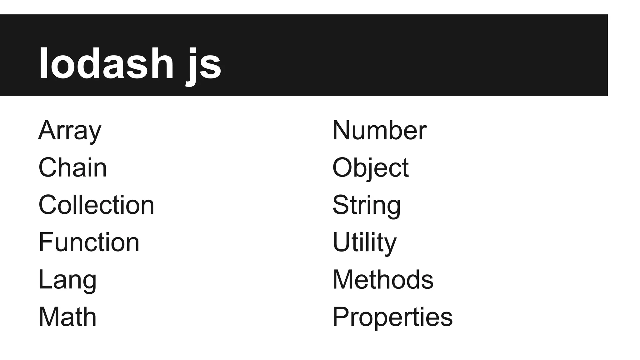 lodash js
Array
Chain
Collection
Function
Lang
Math
Number
Object
String
Utility
Methods
Properties
 