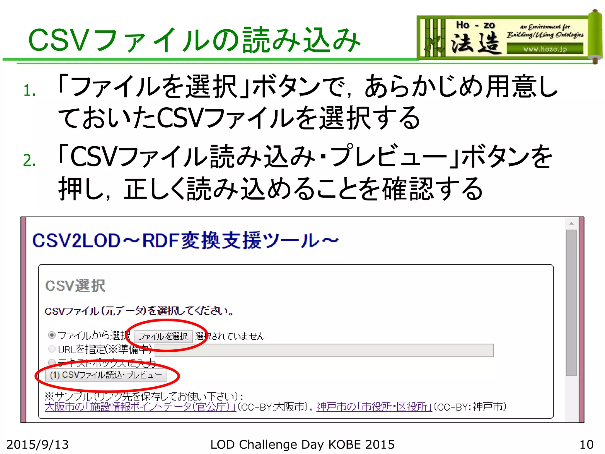 CSVファイルの読み込み
1. 「ファイルを選択」ボタンで，あらかじめ用意し
ておいたCSVファイルを選択する
2. 「CSVファイル読み込み・プレビュー」ボタンを
押し，正しく読み込めることを確認する
2015/9/13 LOD Challenge Day KOBE 2015 10
 