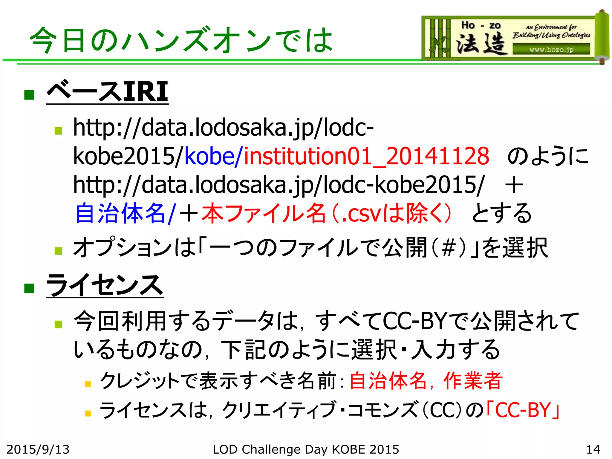 今日のハンズオンでは
 ベースIRI
 http://data.lodosaka.jp/lodc-
kobe2015/kobe/institution01_20141128 のように
http://data.lodosaka.jp/lodc-kobe2015/ ＋
自治体名/＋本ファイル名（.csvは除く） とする
 オプションは「一つのファイルで公開（#）」を選択
 ライセンス
 今回利用するデータは，すべてCC-BYで公開されて
いるものなの，下記のように選択・入力する
 クレジットで表示すべき名前：自治体名，作業者
 ライセンスは，クリエイティブ・コモンズ（CC）の「CC-BY」
2015/9/13 LOD Challenge Day KOBE 2015 14
 
