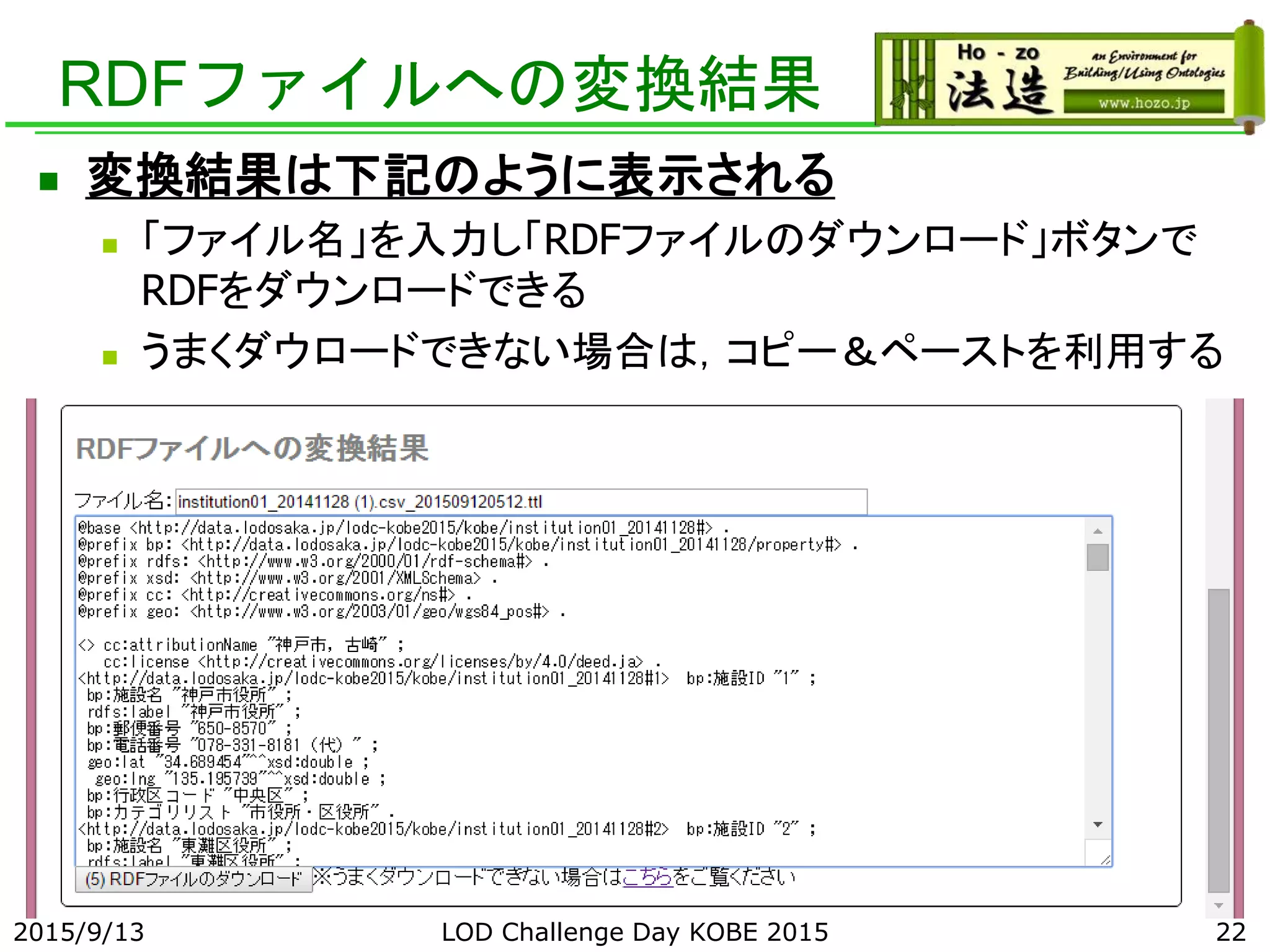 RDFファイルへの変換結果
2015/9/13 LOD Challenge Day KOBE 2015 22
 変換結果は下記のように表示される
 「ファイル名」を入力し「RDFファイルのダウンロード」ボタンで
RDFをダウンロードできる
 うまくダウロードできない場合は，コピー＆ペーストを利用する
 