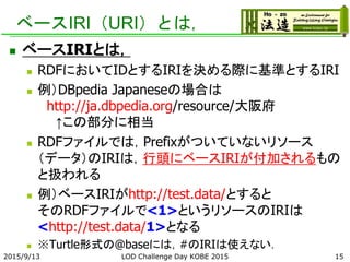 ベースIRI（URI）とは，
 ベースIRIとは，
 RDFにおいてIDとするIRIを決める際に基準とするIRI
 例）DBpedia Japaneseの場合は
http://ja.dbpedia.org/resource/大阪府
↑この部分に相当
 RDFファイルでは，Prefixがついていないリソース
（データ）のIRIは，行頭にベースIRIが付加されるもの
と扱われる
 例）ベースIRIがhttp://test.data/とすると
そのRDFファイルで<1>というリソースのIRIは
<http://test.data/1>となる
 ※Turtle形式の@baseには，#のIRIは使えない．
2015/9/13 LOD Challenge Day KOBE 2015 15
 