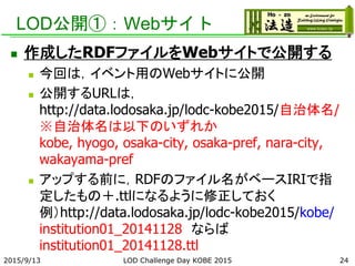 LOD公開①：Webサイト
 作成したRDFファイルをWebサイトで公開する
 今回は，イベント用のWebサイトに公開
 公開するURLは，
http://data.lodosaka.jp/lodc-kobe2015/自治体名/
※自治体名は以下のいずれか
kobe, hyogo, osaka-city, osaka-pref, nara-city,
wakayama-pref
 アップする前に，RDFのファイル名がベースIRIで指
定したもの＋.ttlになるように修正しておく
例）http://data.lodosaka.jp/lodc-kobe2015/kobe/
institution01_20141128 ならば
institution01_20141128.ttl
2015/9/13 LOD Challenge Day KOBE 2015 24
 