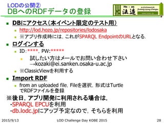 LODの公開②
DBへのRDFデータの登録
 DBにアクセス（本イベント限定のテスト用）
 http://lod.hozo.jp/repositories/lodosaka
 ※アプリ作成時には，これがSPARQL EndpointのURLとなる．
 ログインする
 ID：****，PW:*****
 試したい方はメールでお問い合わせ下さい
→kozaki@ei.sanken.osaka-u.ac.jp
 ※ClassicViewを利用する
 Import RDF
 from an uploaded file，Fileを選択，形式はTurtle
でRDFファイルを登録
※後日，アプリ開発に利用される場合は，
-SPARQL EPCUを利用
-db.lodc.jpにアップ予定なので，そちらを利用
2015/9/13 28LOD Challenge Day KOBE 2015
 