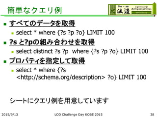 簡単なクエリ例
 すべてのデータを取得
 select * where {?s ?p ?o} LIMIT 100
 ?s と?pの組み合わせを取得
 select distinct ?s ?p where {?s ?p ?o} LIMIT 100
 プロパティを指定して取得
 select * where {?s
<http://schema.org/description> ?o} LIMIT 100
2015/9/13 LOD Challenge Day KOBE 2015 38
シートにクエリ例を用意しています
 
