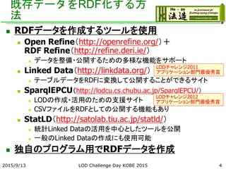 既存データをRDF化する方
法
 RDFデータを作成するツールを使用
 Open Refine（http://openrefine.org/）＋
RDF Refine（http://refine.deri.ie/）
 データを整備・公開するための多様な機能をサポート
 Linked Data（http://linkdata.org/）
 テーブルデータをRDFに変換して公開することができるサイト
 SparqlEPCU（http://lodcu.cs.chubu.ac.jp/SparqlEPCU/）
 LODの作成・活用のための支援サイト
 CSVファイルをRDFとしての公開する機能もあり
 StatLD（http://satolab.tiu.ac.jp/statld/）
 統計Linked Dataの活用を中心としたツールを公開
 一般のLinked Dataの作成にも使用可能
 独自のプログラム用でRDFデータを作成
2015/9/13 4
LODチャレンジ2011
アプリケーション部門最優秀賞
LODチャレンジ2012
アプリケーション部門最優秀賞
LOD Challenge Day KOBE 2015
 
